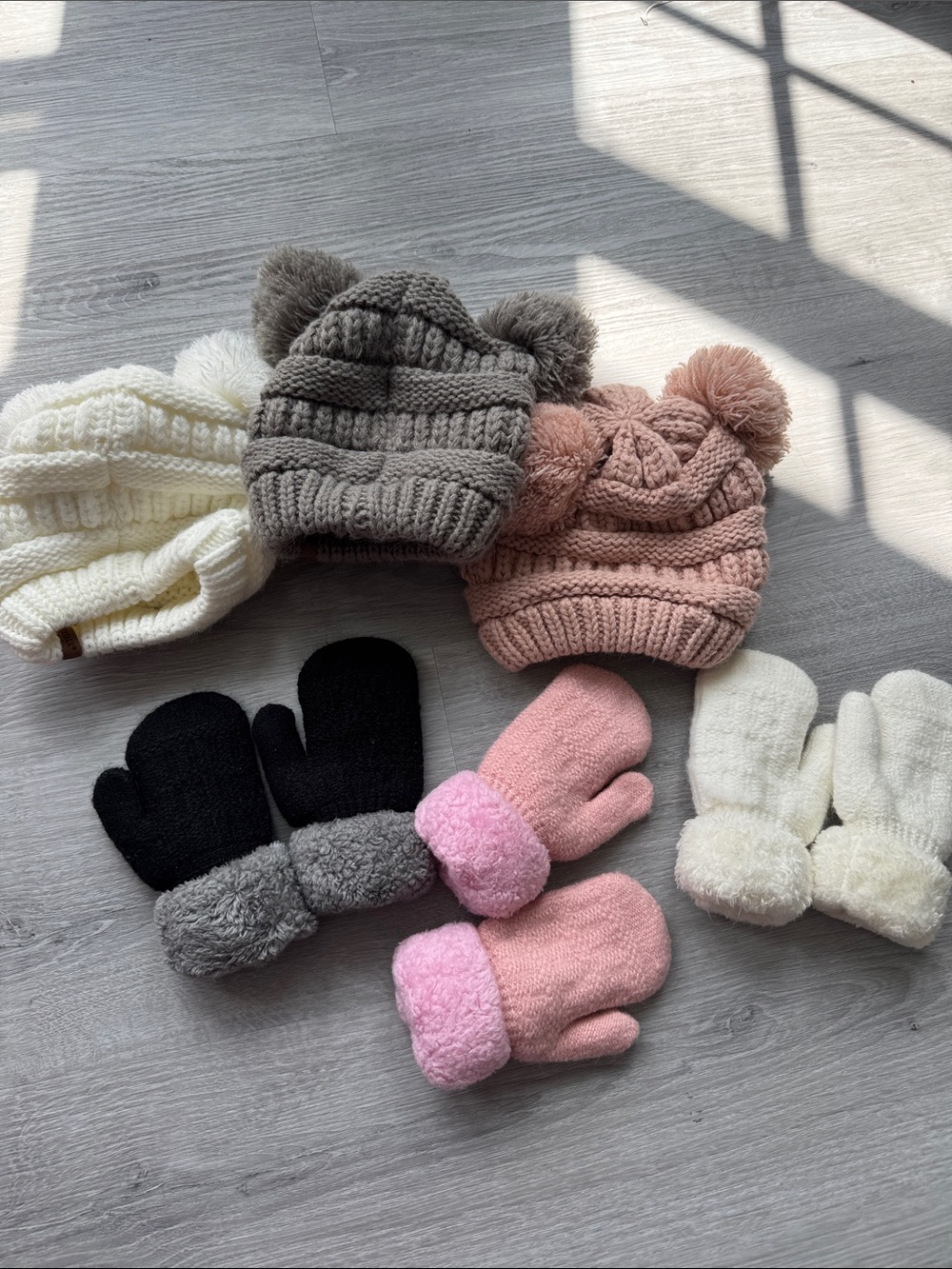 Kids Cozy Knit Pom Pom Hat and Mittens Set - Pink, Gray, Cream, Black